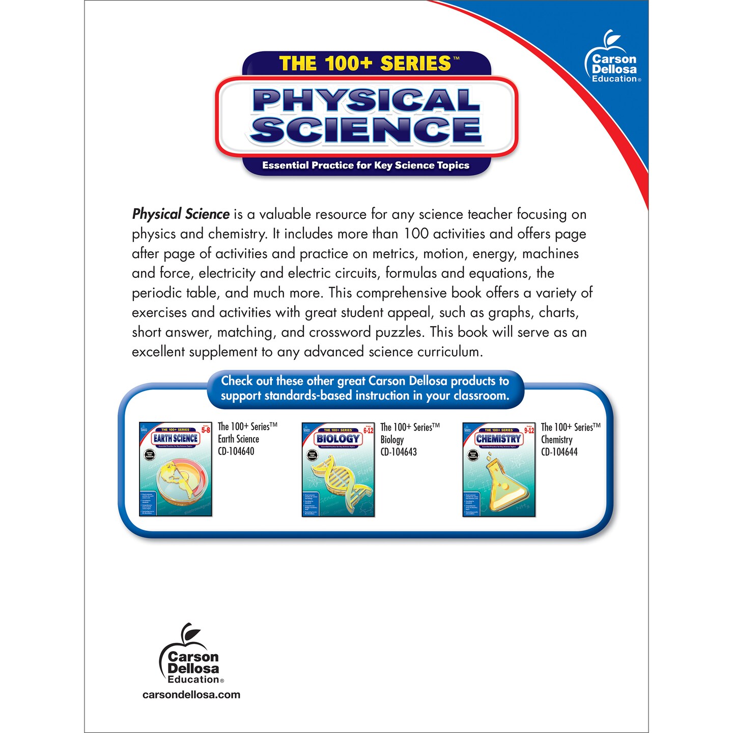 Carson Dellosa The 100 Series Physical Science Workbook, Physics and Chemistry Book for Grades 5-12, Motion, Energy, Electricity, Metrics, and More, Classroom or Homeschool Curriculum