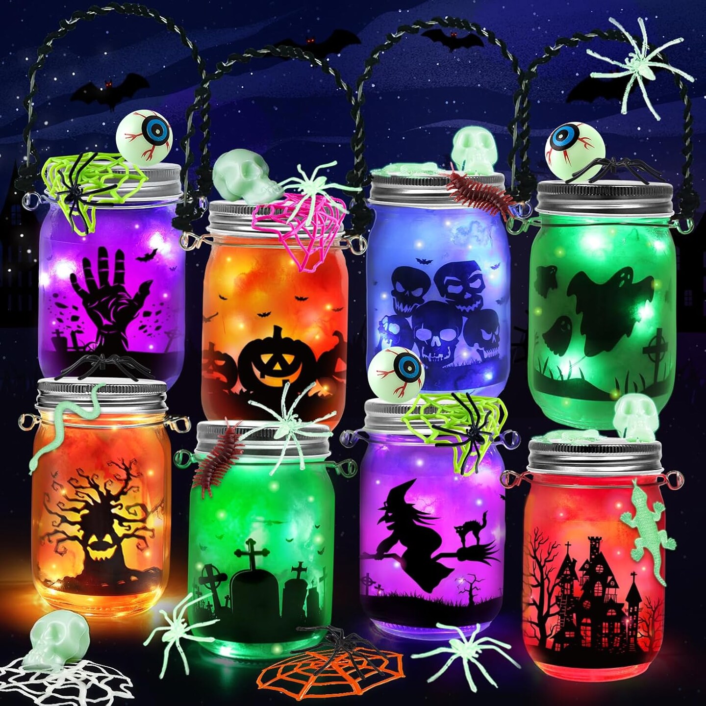 8 PCS Halloween Mason Jar with Accessories for DIY Craft