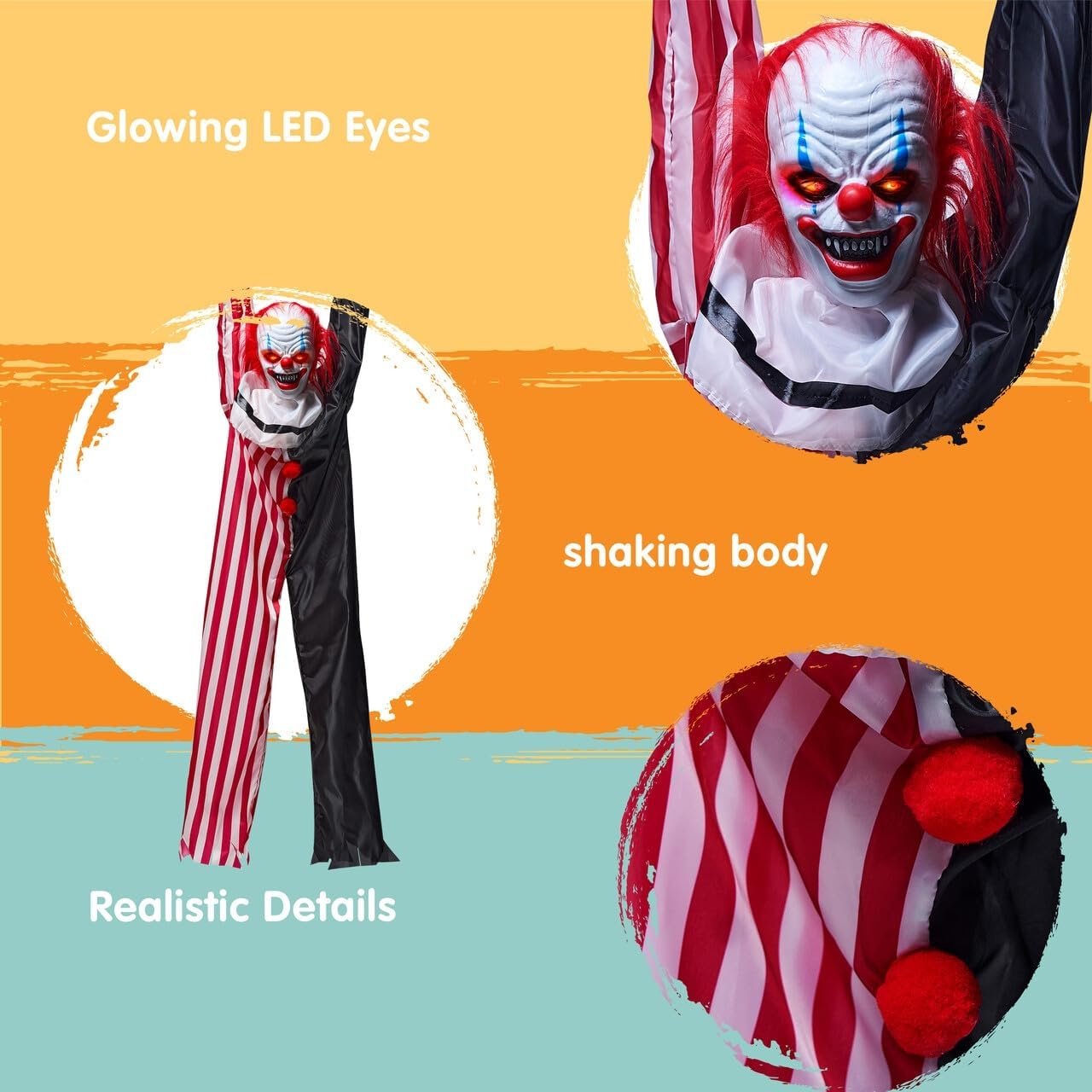 Halloween Hanging Scary Clown Decorations with Chain, 65" Sound Activated LED Lights Halloween Animatronics Yard Decorations Halloween Decorations Outdoor Indoor Haunted House Halloween Decor
