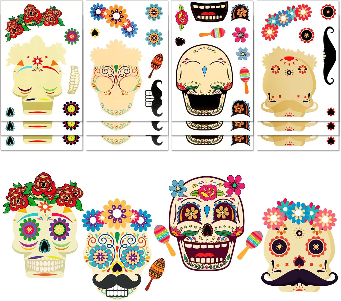 Day of The Dead DIY Stickers, 24 Sheets Halloween Sugar Skull Crafts Gift Dia De Los Muertos Party Games Supplies Make Your Own Skull Stickers for Kids