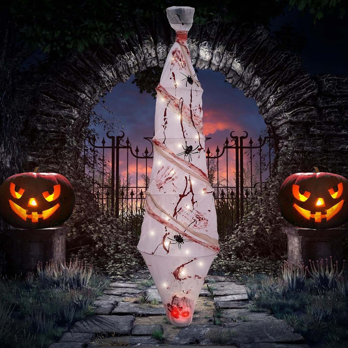 Hanging Decor Scary Corpse Props Lighted Realistic with Led Skull Eyes Spooky Sound, Haunted House Props for Indoor Outdoor Home Hallomas Party 72 Inches