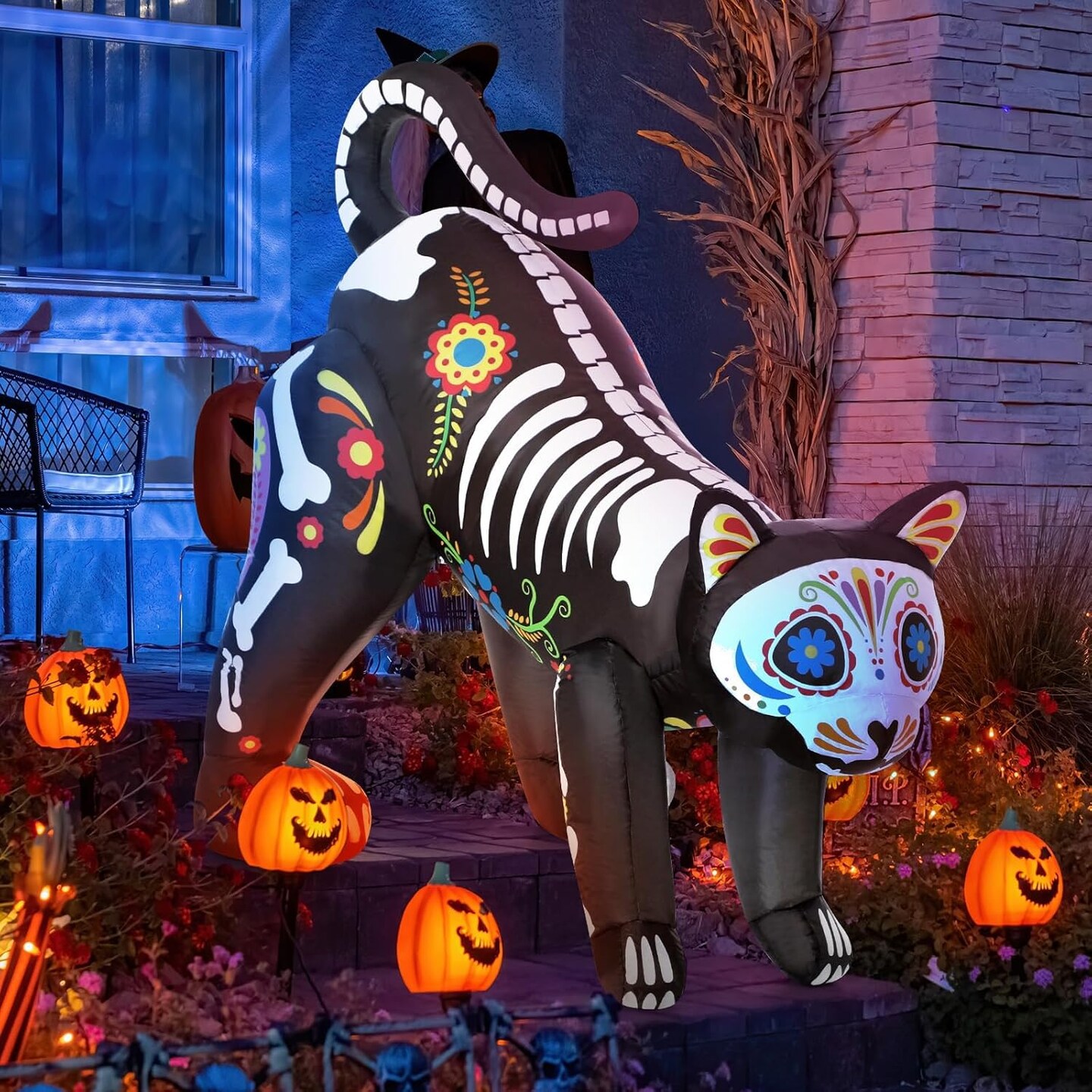 Day of The Dead Inflatable Skull Cat LED Blow Up Decor