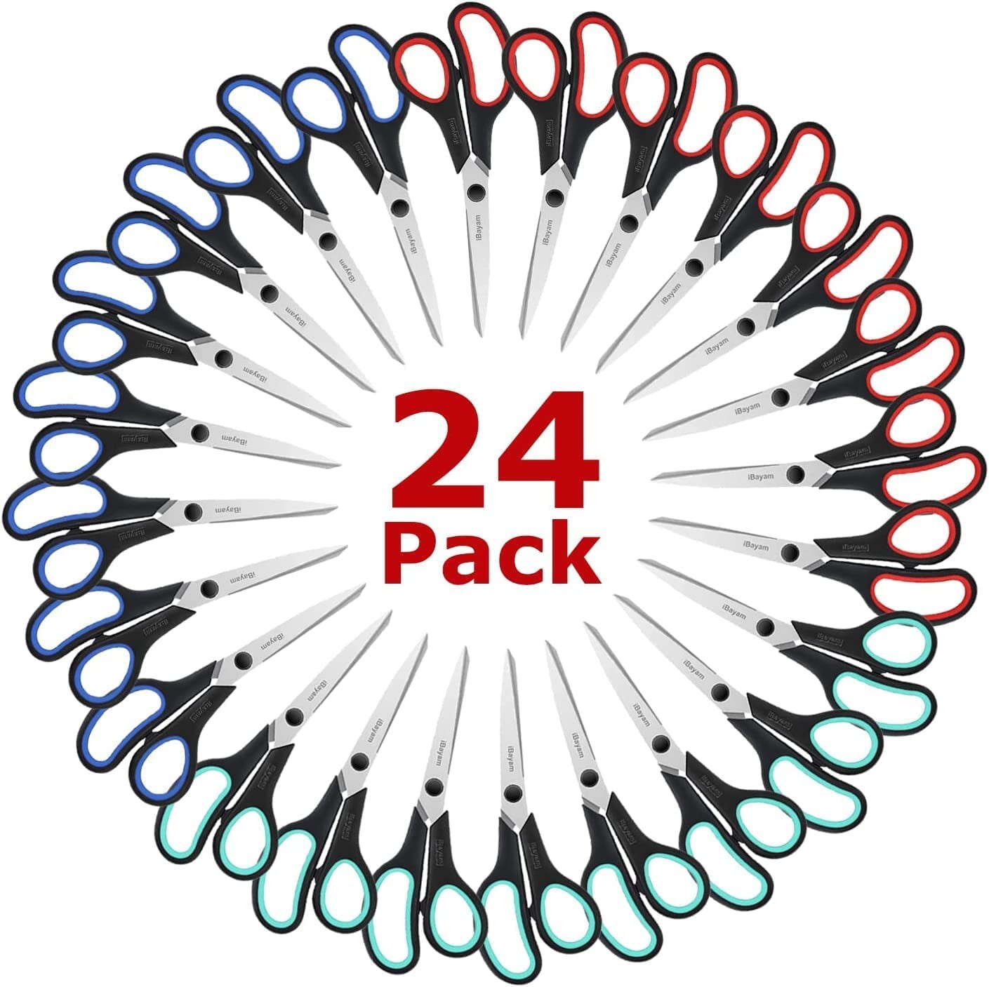 School Scissors Set of 24-Pack, 8&#x22; Scissors All Purpose Comfort-Grip Handles Sharp Scissors for High/Middle School Student Teacher Scissor, Office Home Sewing Fabric Supplies, for Right Left Handed