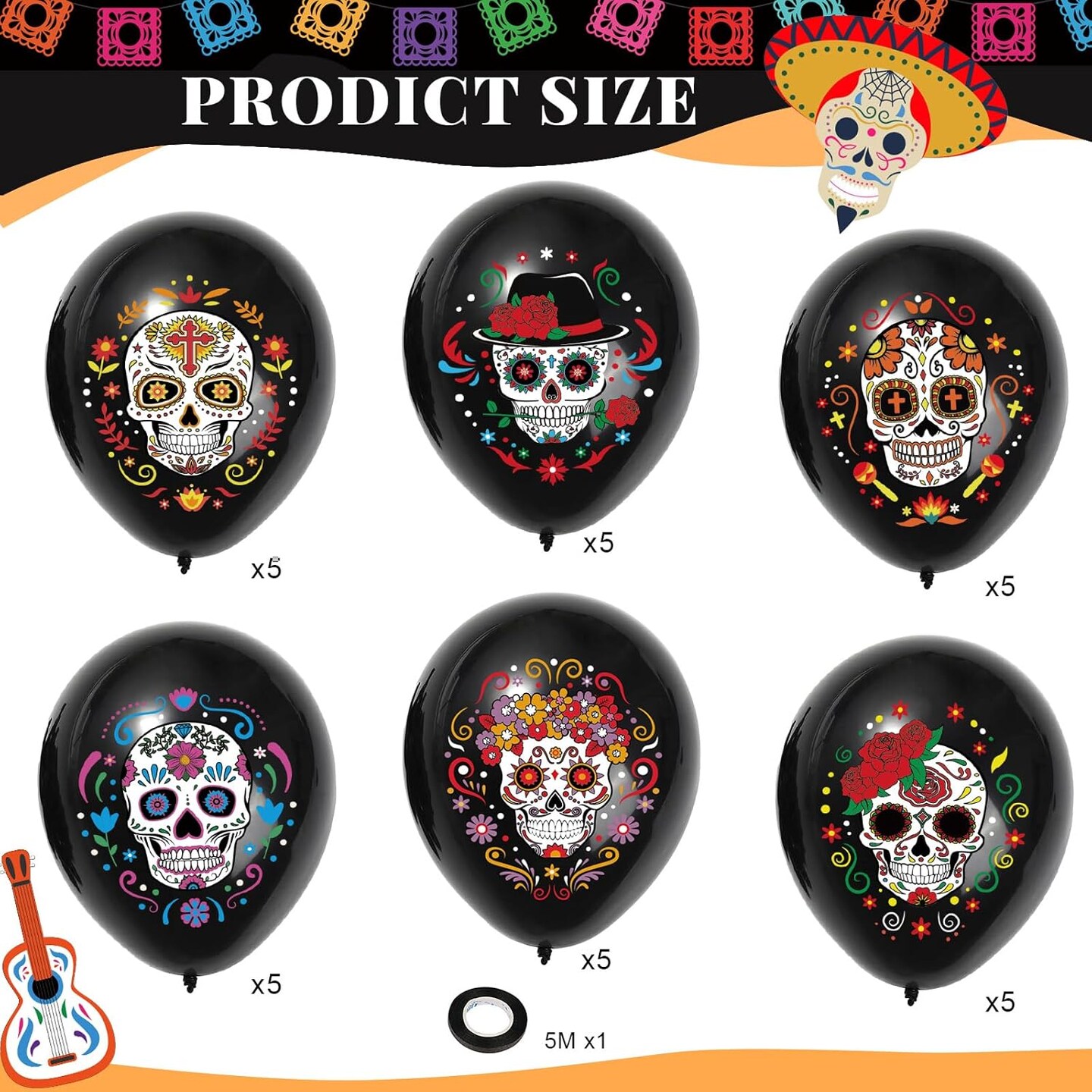 30pcs Day of The Dead Sugar Skull Balloons