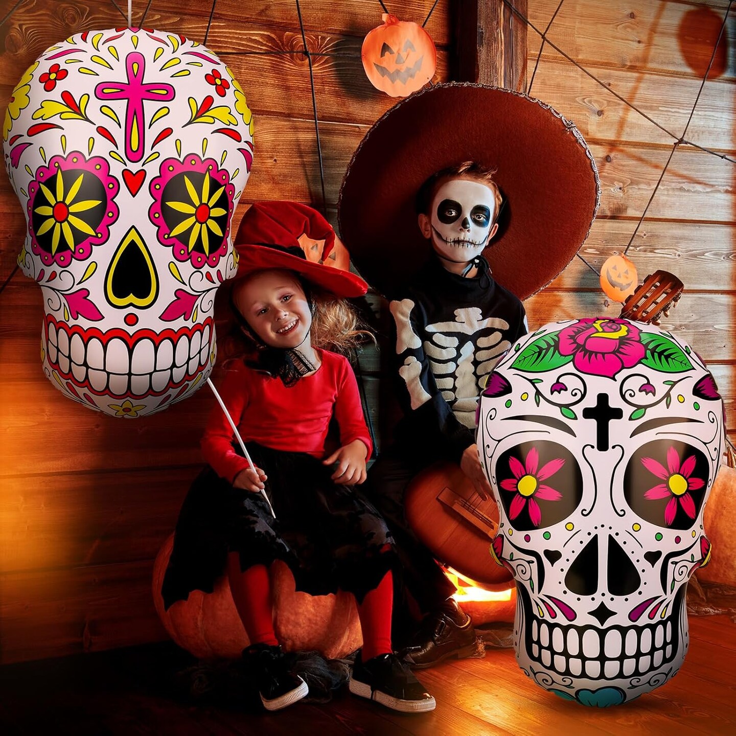 4 Pcs 24 Inch Fiesta Inflatables Sugar Skull Decor Blow up Day of The Dead Inflatable Sugar Skull for Mexican Cinco de Mayo Party Yard Outdoor Decorations