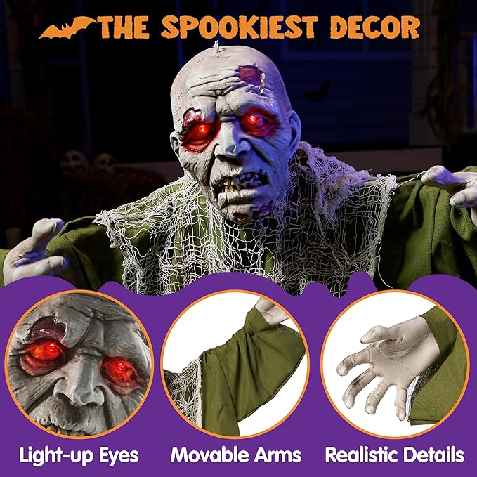 Groundbreaker with Light Up Eyes Creepy Animatronic Decorations with Movable Arms for Halloween Party Prop and Outdoor Lawn Patio Yard Decor Halloween Decorations