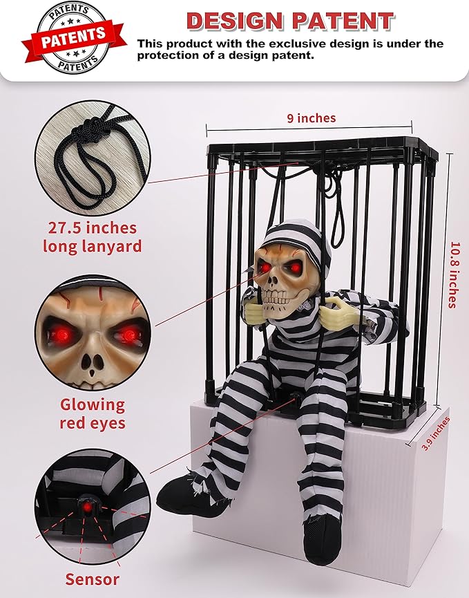 Halloween Decor Prop with Motion Sensor, Scary Skull Cage Prisoner Haunted House Decor, Spooky Hanging Ghost Light Up Eyes Decorations