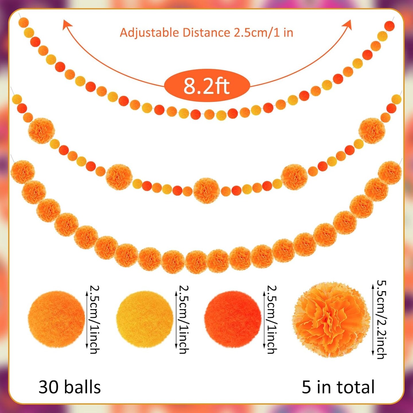 5 Pcs Day of The Dead Felt Ball Garland Marigold Flower Pompom Ball Banner Halloween Felt Ball Garland Dia De Los Muertos Garlands