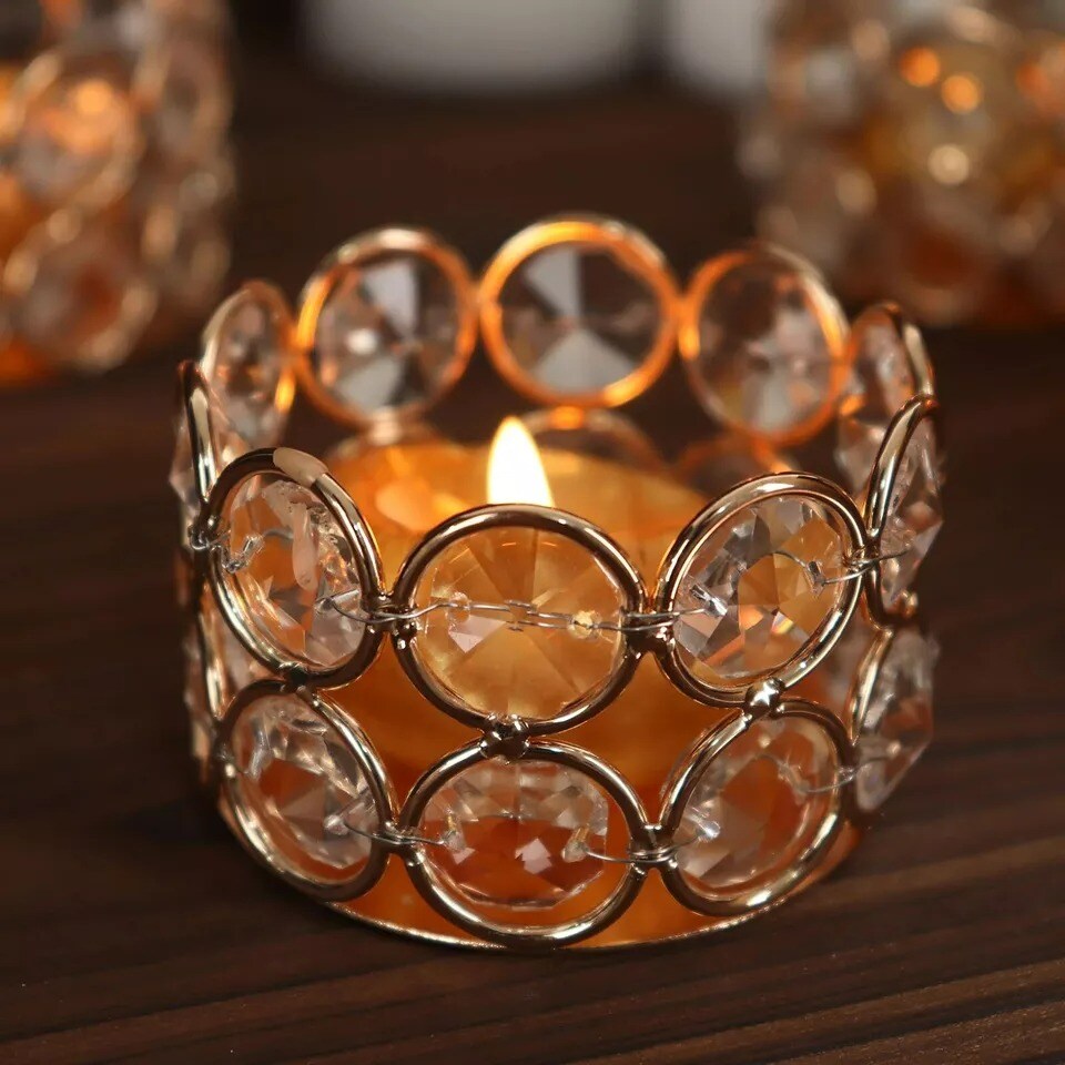 Gold 6 Round 1.5&#x22; Crystal Beaded Metal Tea Light Candle Holders Party Events