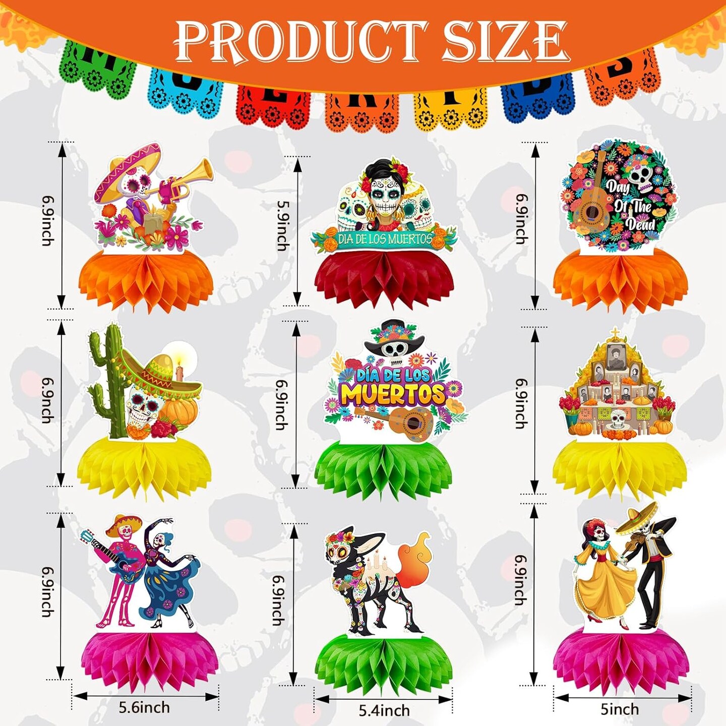 9PCS Day of the Dead Centerpieces, Dia De Los Muertos Table Decorations, Classic Sugar Skull Table Oranaments for Party, Day of the Dead Party Supplies Party Favors