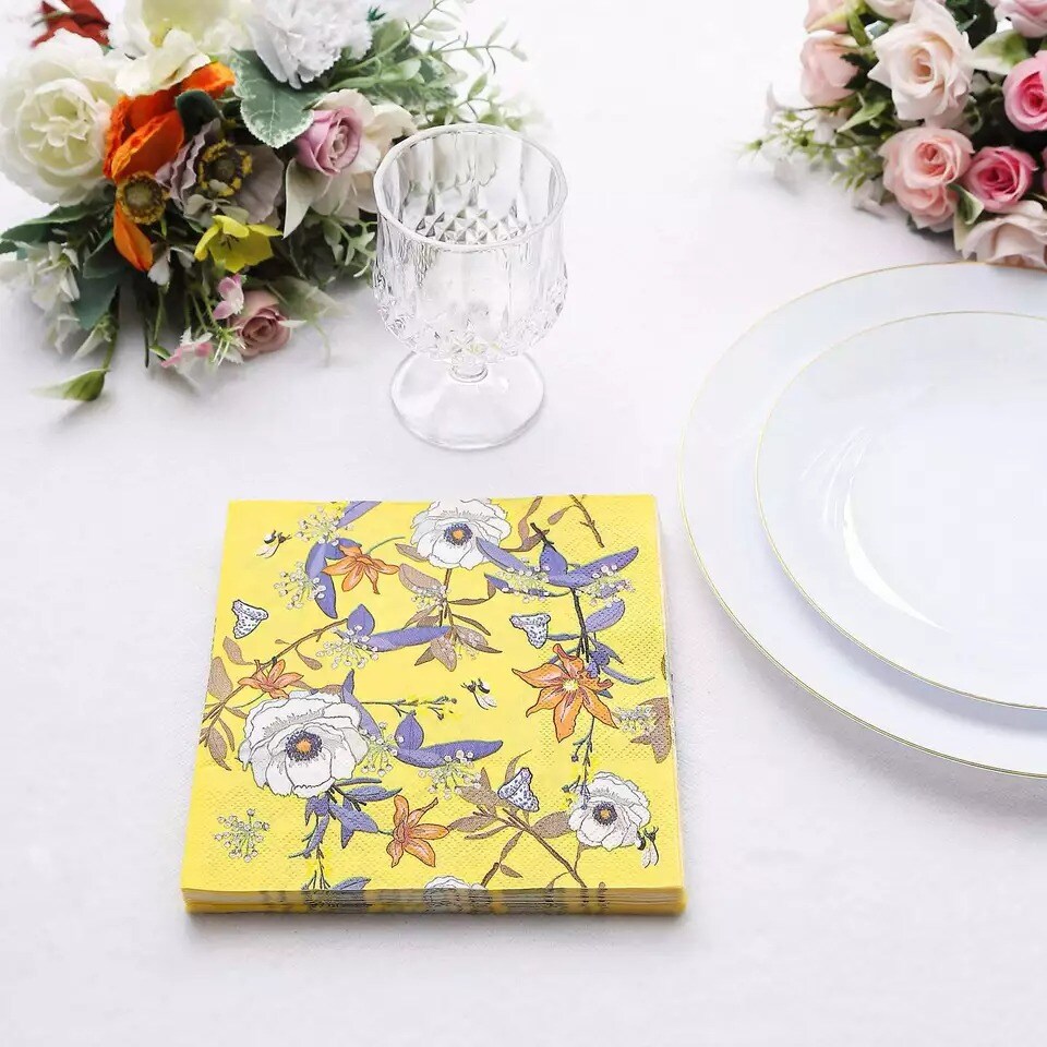 Yellow 20 Disposable 13" x 13" Floral Cocktail Paper Napkins Party Decorations