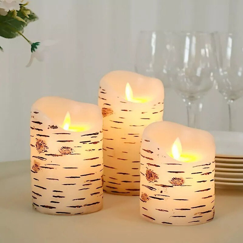 3 LED Warm White Candles Battery Operated Birch Bark Design Pillar Lights Party