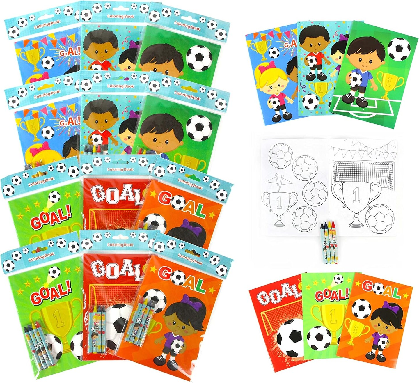 TINYMILLS Soccer Coloring Books for Kids with 12 Coloring books and 48 Crayons, Fun Team Birthday Party Favors, Goodie Bag Stuffers, Prizes, Favor Bag Filler, Team Party Prizes
