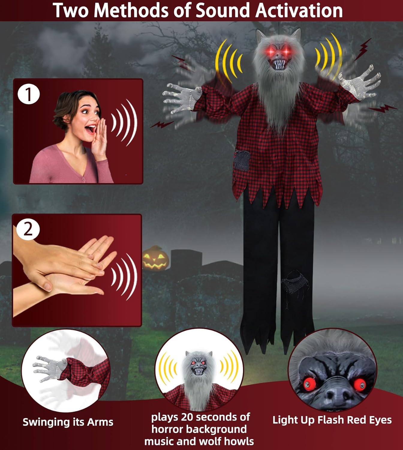 Motion &#x26; Howling Plaid-Clad Werewolf Animatronic Halloween Decoration Sound Activated, Light-Up Red Eyes Poseable Arms, 47 Inch Hanging Halloween Prop for Outdoor Haunted House Scary Decor