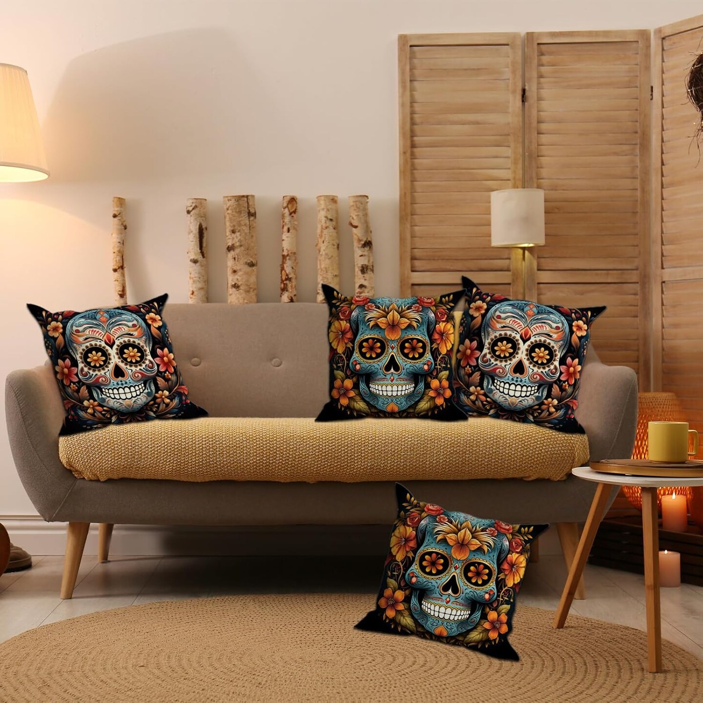 18x18 Set of 4 Sugar Skull Marigold Dia De Los Muertos Mexican Fiesta Party Decorations and Supplies for Home Sofa Couch