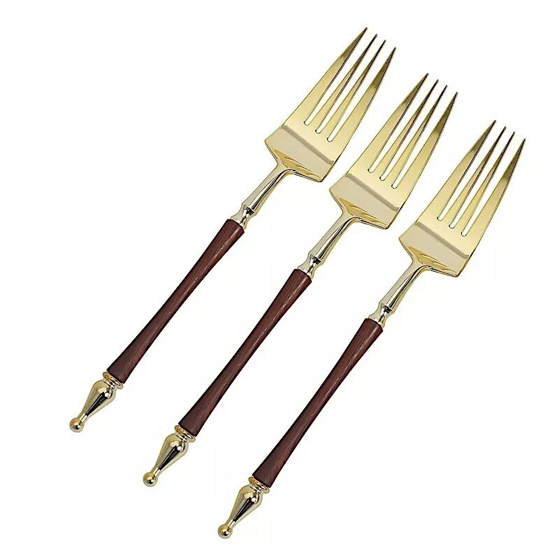 24 Plastic 8&#x22; Gold Brown Plastic Forks Roman Column Handle Party Home Tableware