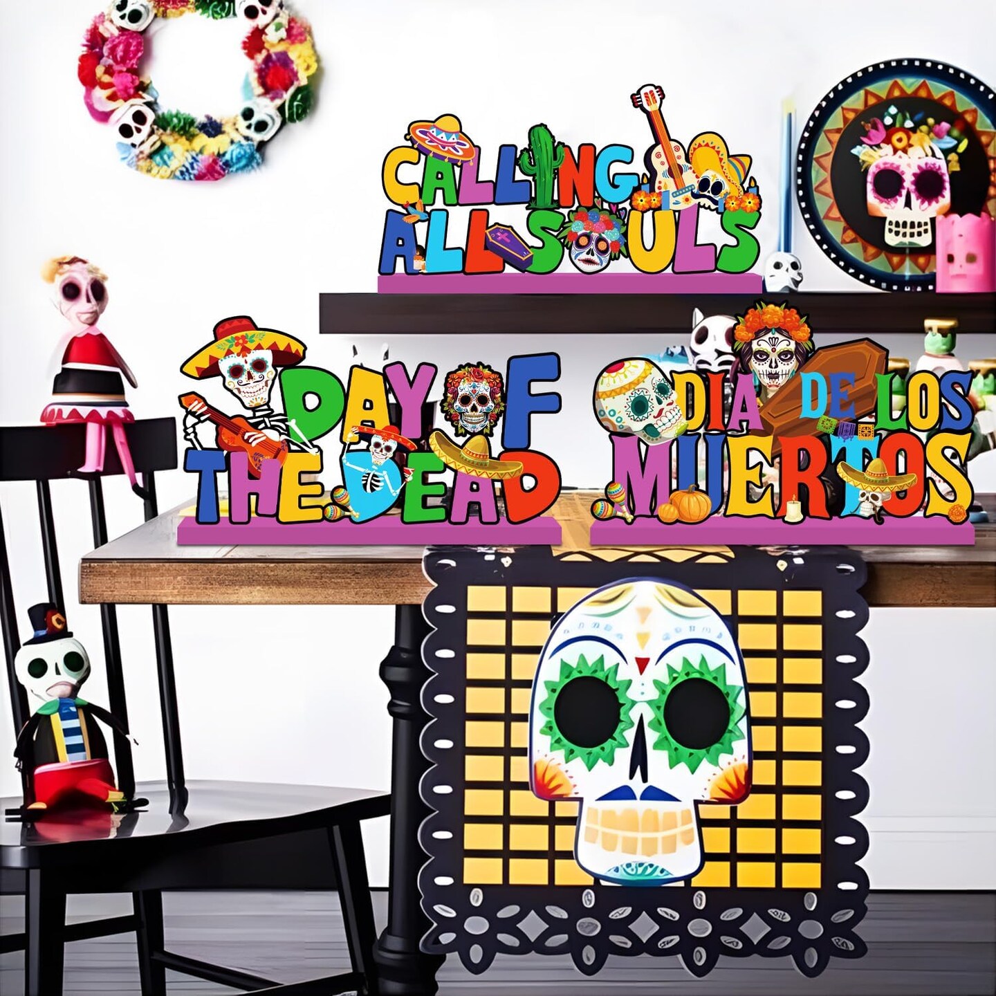 Dia De Los Muertos Decorations Wooden Table Centerpieces Day of the Dead Party Supplies Sugar Skull Themed Calling All Souls Wooden Table Signs for Mexican Dia De Los Muertos Party