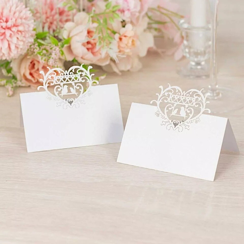 50 White Paper Table Name Place Cards Laser Cut Heart Top Party Events Supplies