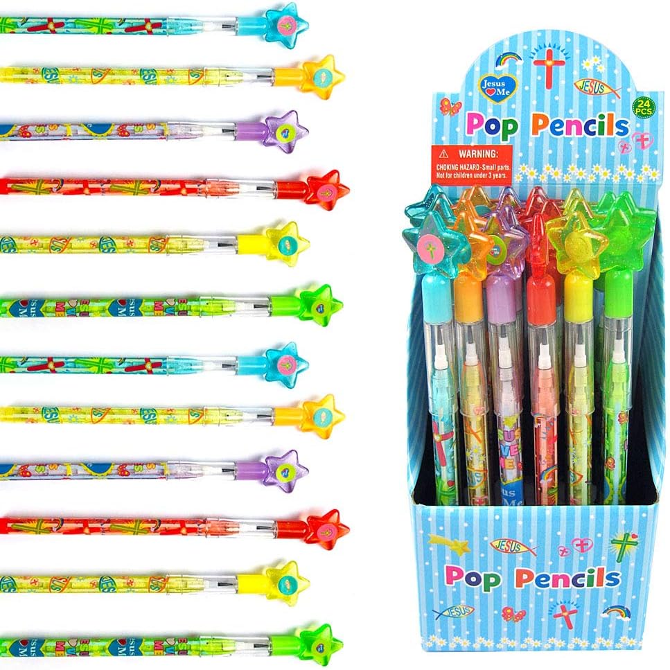 Tiny Mills 24 Pcs Christian Religious Multi Point Pencils Jesus Loves You Multi Point Stackable Pencil with Eraser for Sunday School Party Favor Prize Carnival Rewards Religious Prizes