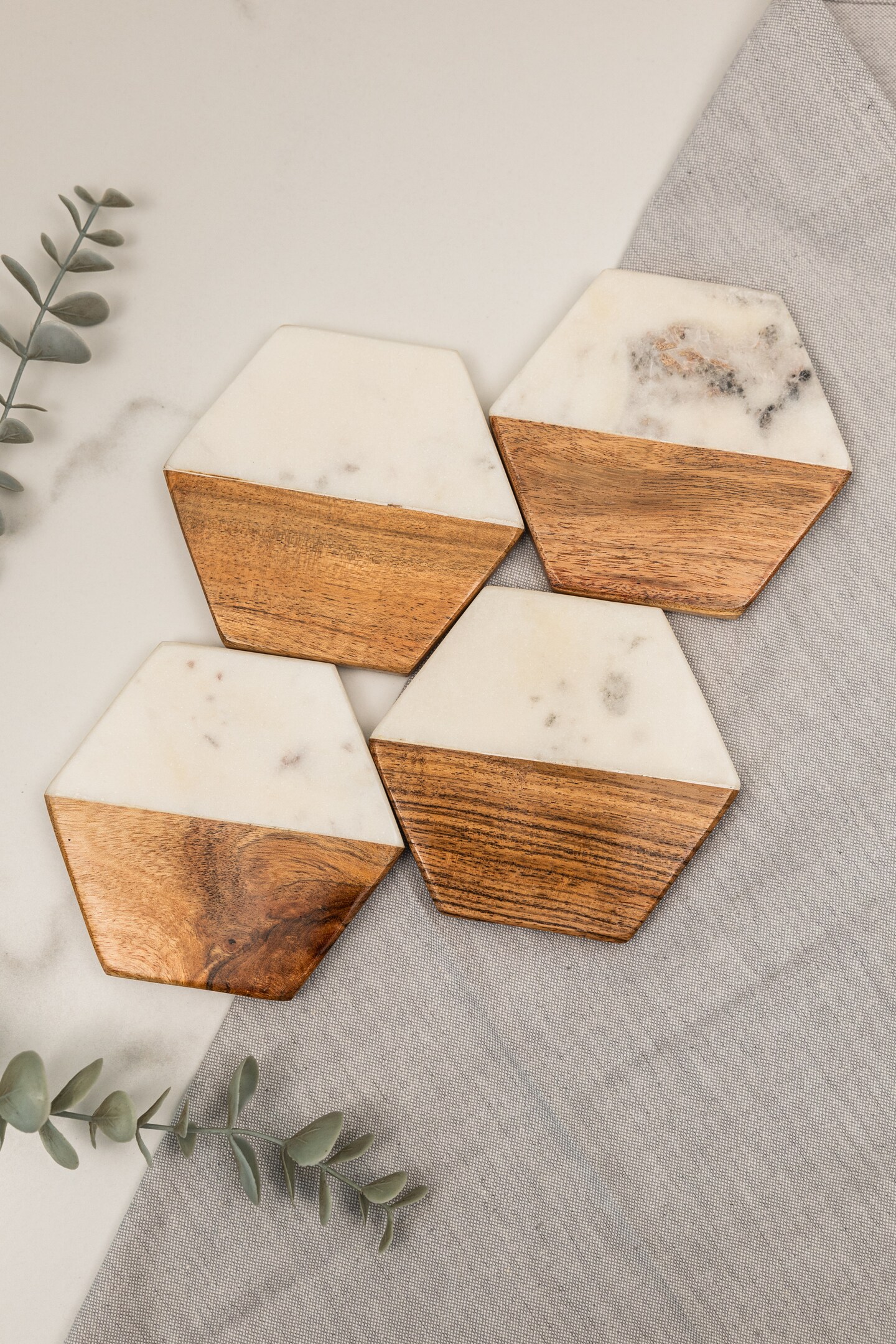 Artisan Marble and Wood Hexagon Coaster Set of 4 - White