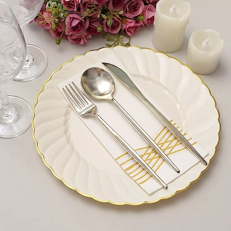 10 Round 10" Ivory Plastic Salad Dinner Plates Gold Swirl Design Rim Party