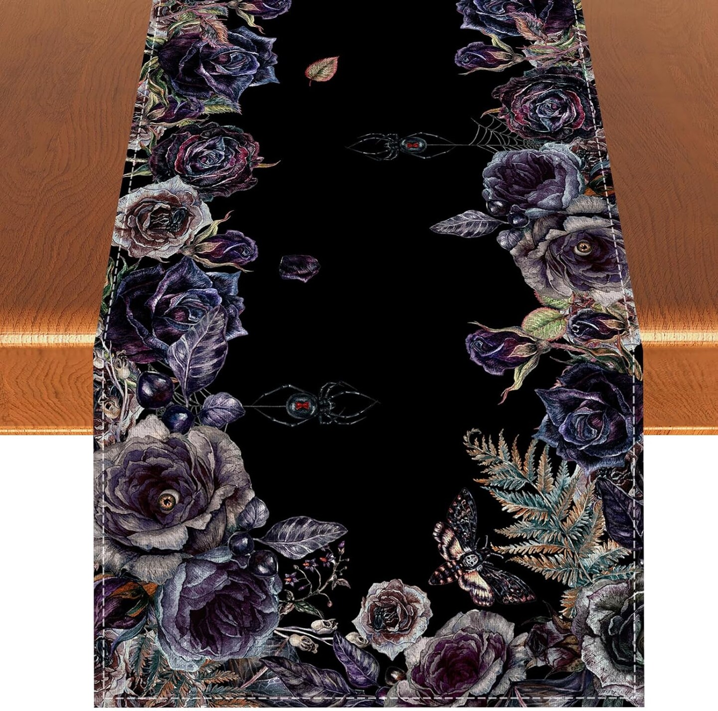 Linen Gothic Halloween Table Runner Gothic Skull Roses Tablecloth Day of The Dead Halloween Party Decoration and Supplies for Home Kitchen Table-13&#xD7;48&#x27;&#x27;