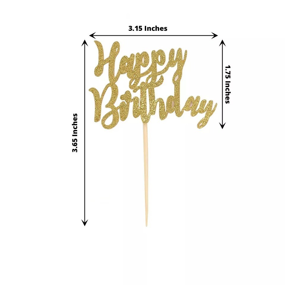 24 Gold Glittered Happy Birthday Cupcake Toppers Cake Decorations Party Supplies