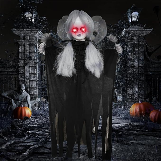 Decoration Outdoor with Sound Activated,Talking Scary Girl with White Light-up Eyes and Body Swing,Horror Prop for Indoor Lawn Decor (47 Inch)