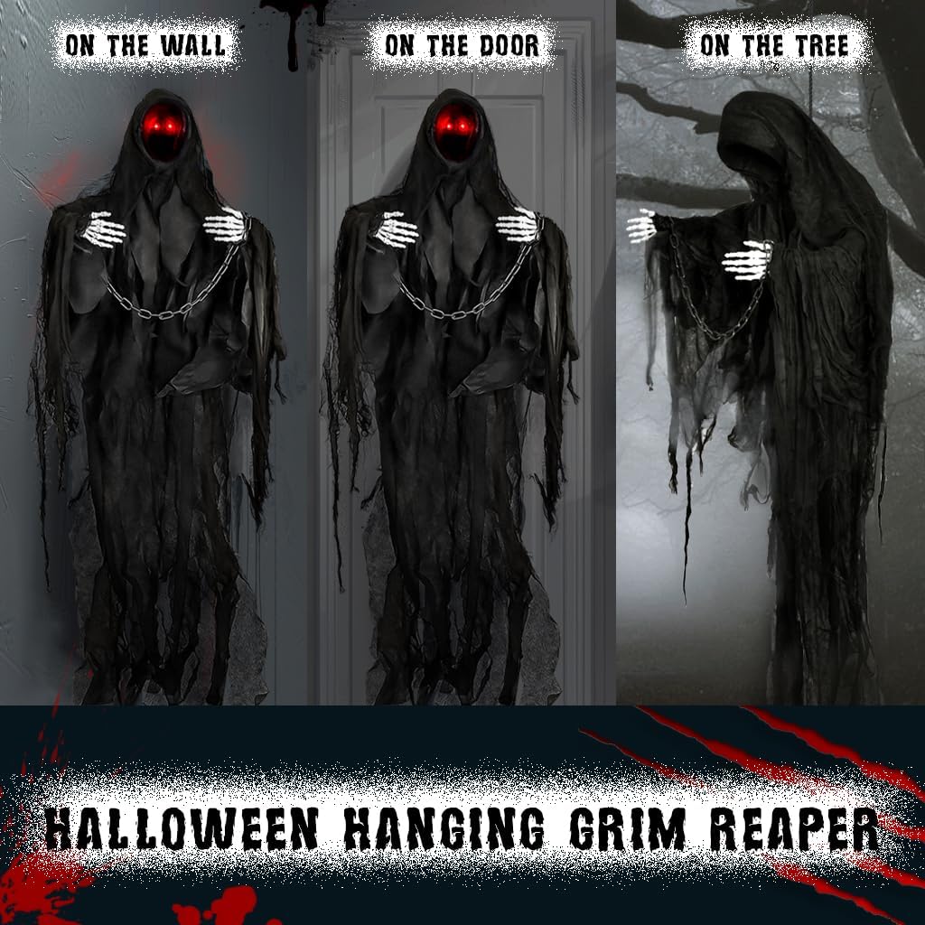 47&#x22; Halloween Animated Hanging Ghost Scary,2024 Hanging Faceless Grim Reaper Swing Black Robe with Creepy Sound and Light for Indoor Outdoor Horror Decor Prop