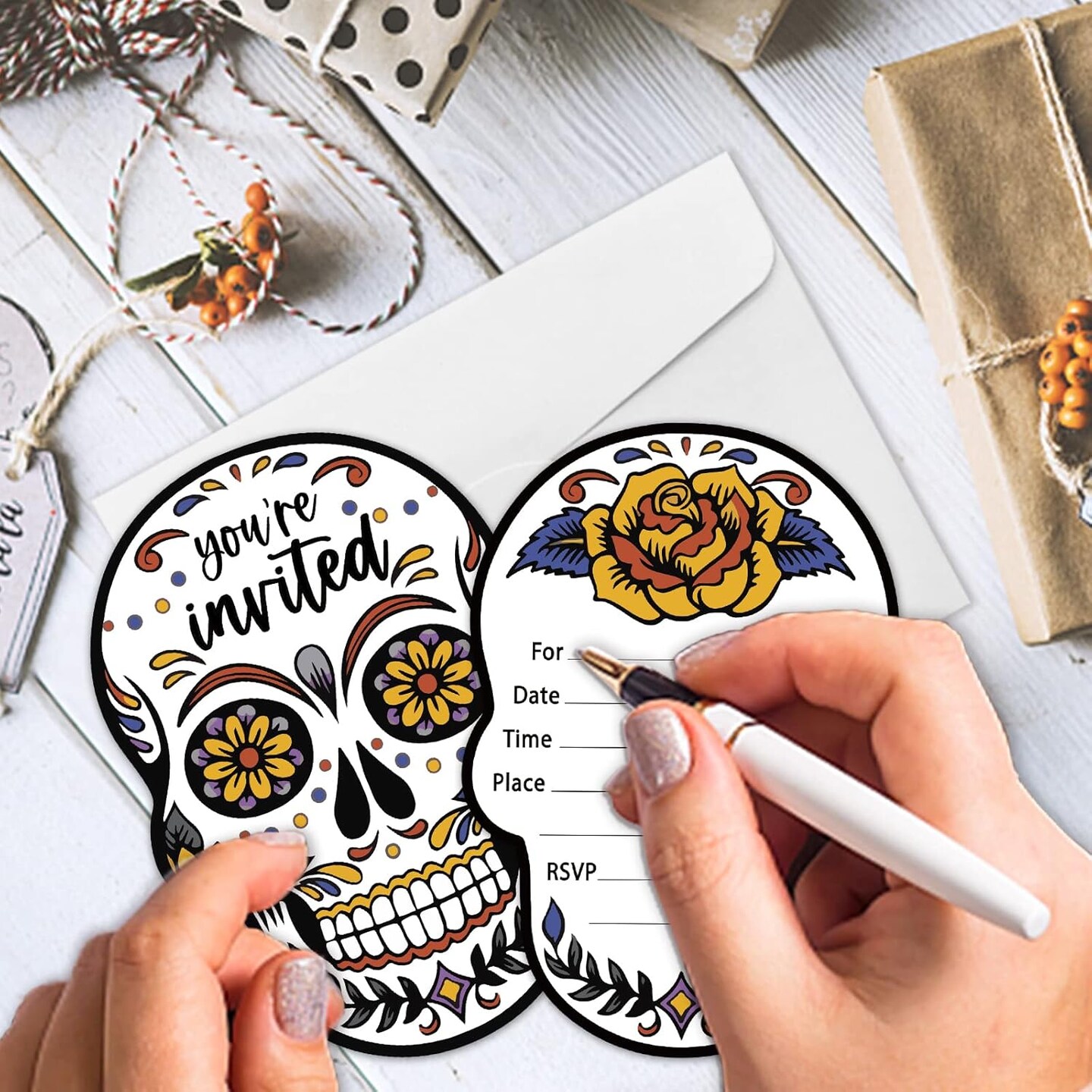 Halloween Sugar Skull Party Invitations with Envelopes &#x26; Stickers