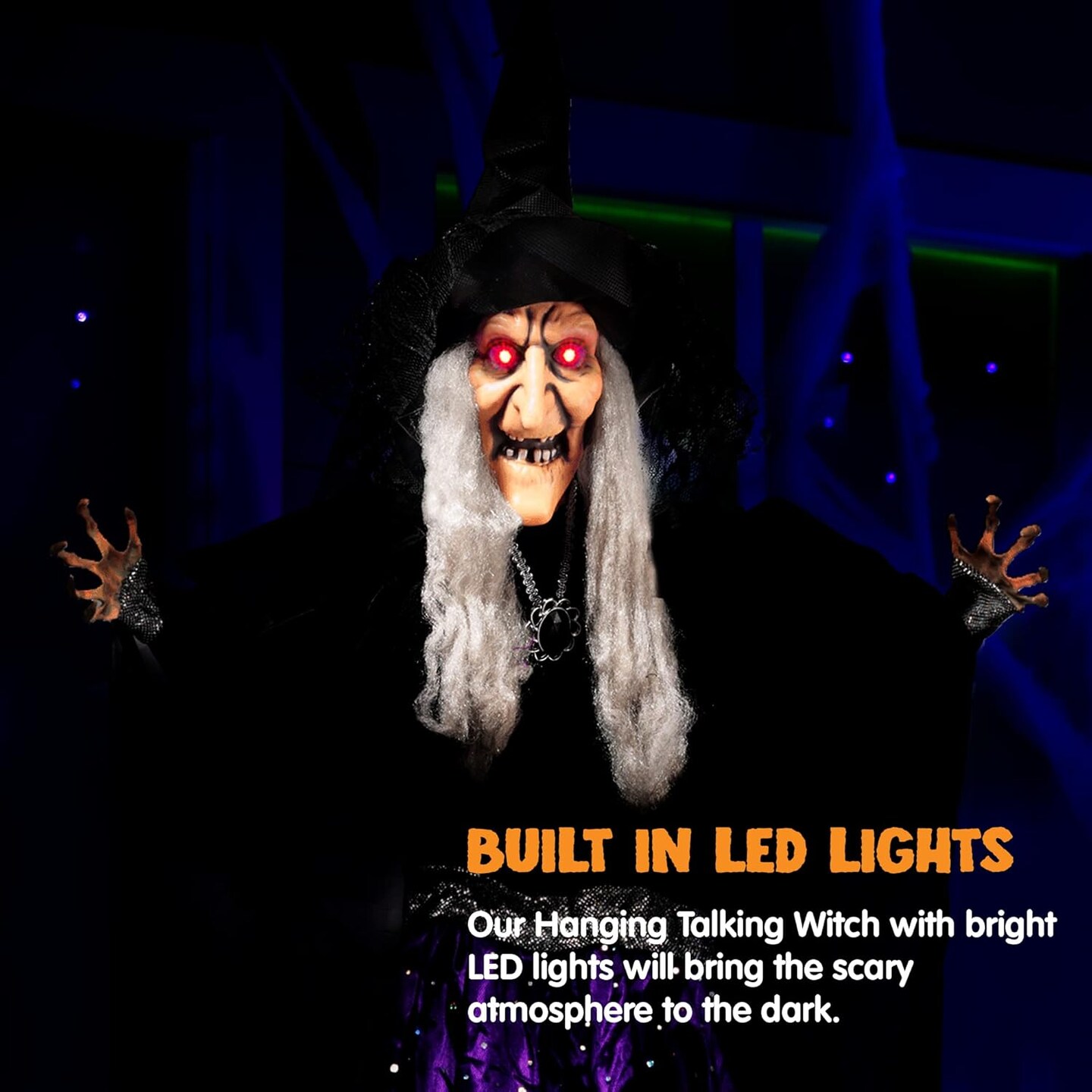 Animated Witch Halloween Decorations Outdoor Indoor Witch Decor Scary Halloween Animatronics, Hanging Talking Witch Sound Activated Led Lights Eyes Haunted House Yard Garden Lawn