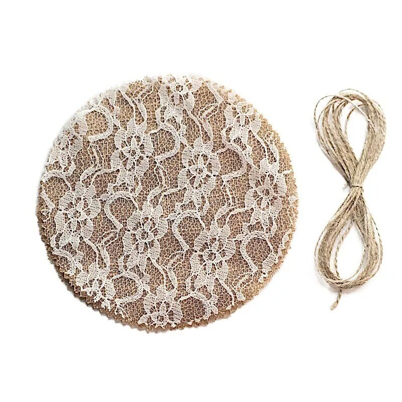 6 Round 6&#x22; Natural White Rustic Burlap Lace Jar Covers Jute String Party Events