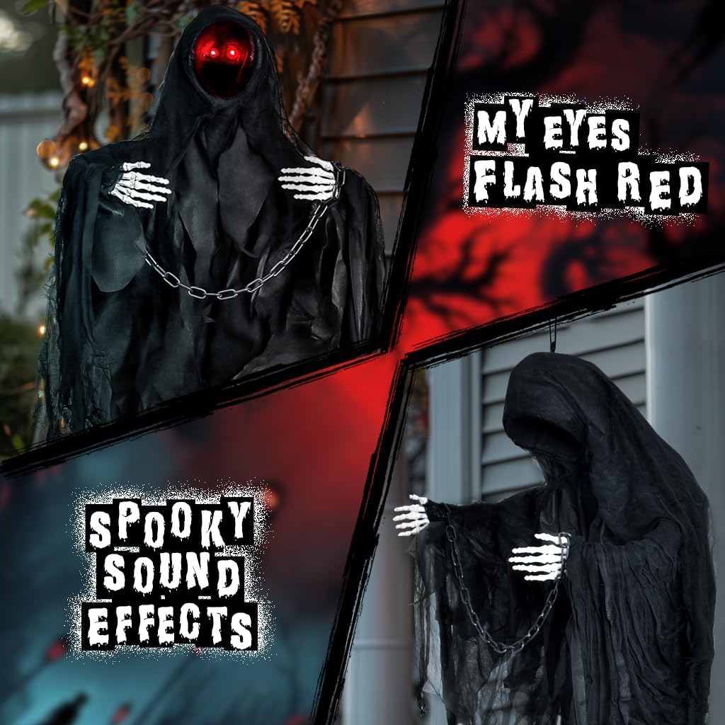 47" Halloween Animated Hanging Ghost Scary,2024 Hanging Faceless Grim Reaper Swing Black Robe with Creepy Sound and Light for Indoor Outdoor Horror Decor Prop