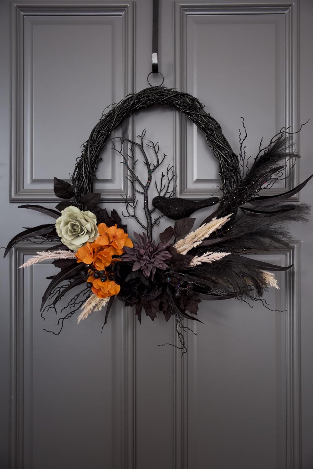 Halloween Wreath for Front Door 24 inch, Natural Grapevine Oval Wreath with Faux Flower &#x26; Crow for Hallowen Home Decor, 18 inch Base, Full Handmade, 2024 New