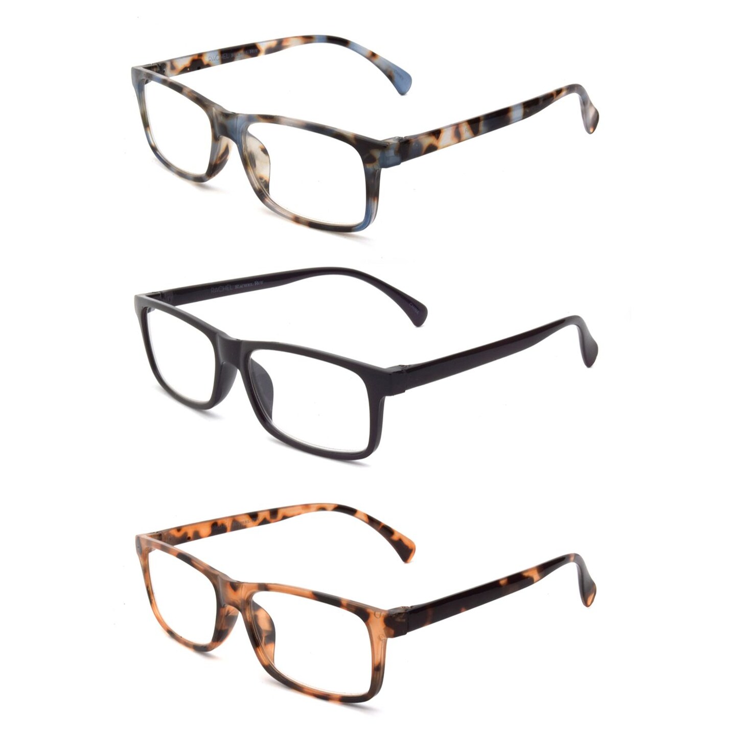 RACHEL Rachel Roy 3 Pack Reading Glasses, Square Frames in Black, Animal Print and Tortoiseshell, 2.50 Diopter