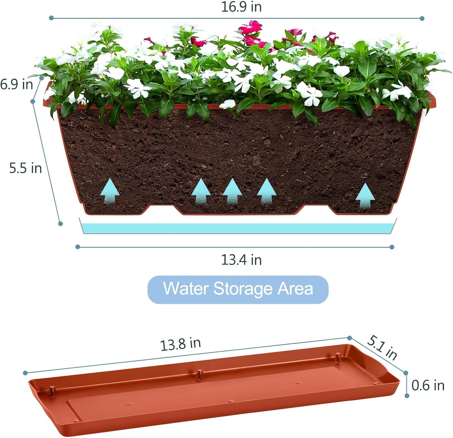 Window Boxes Planters 17’’ Railing Planter Box with Adjustable Brackets, 4 Pack Hanging Deck Railing Planters Rectangular Flower Pots for Outdoor Patio Balcony Fence