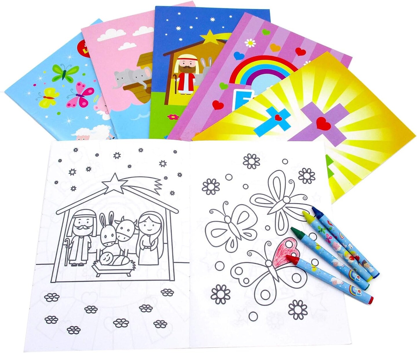 Tiny Mills Christian Religious Coloring Book Set for Kids with 12 Coloring Books and 48 Crayons Favor Bag Filler Sunday School VBS Rewards Basket Fillers Church Carnivals