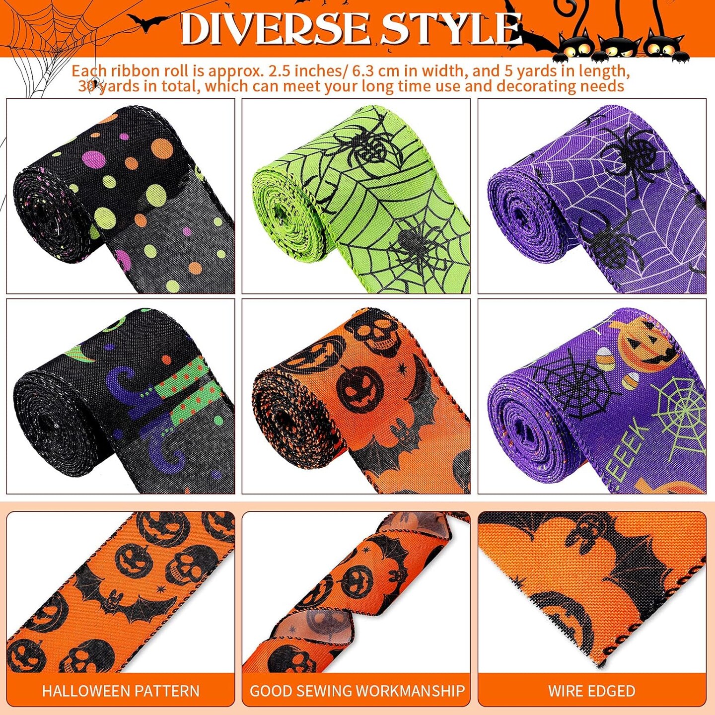 Ribbons Bat Spider Web Printed Ribbon Witch Legs Hat Skull Pumpkin Ribbons Halloween Decorative Wrapping Ribbon for Halloween Home Wreath DIY Craft Floral Bow