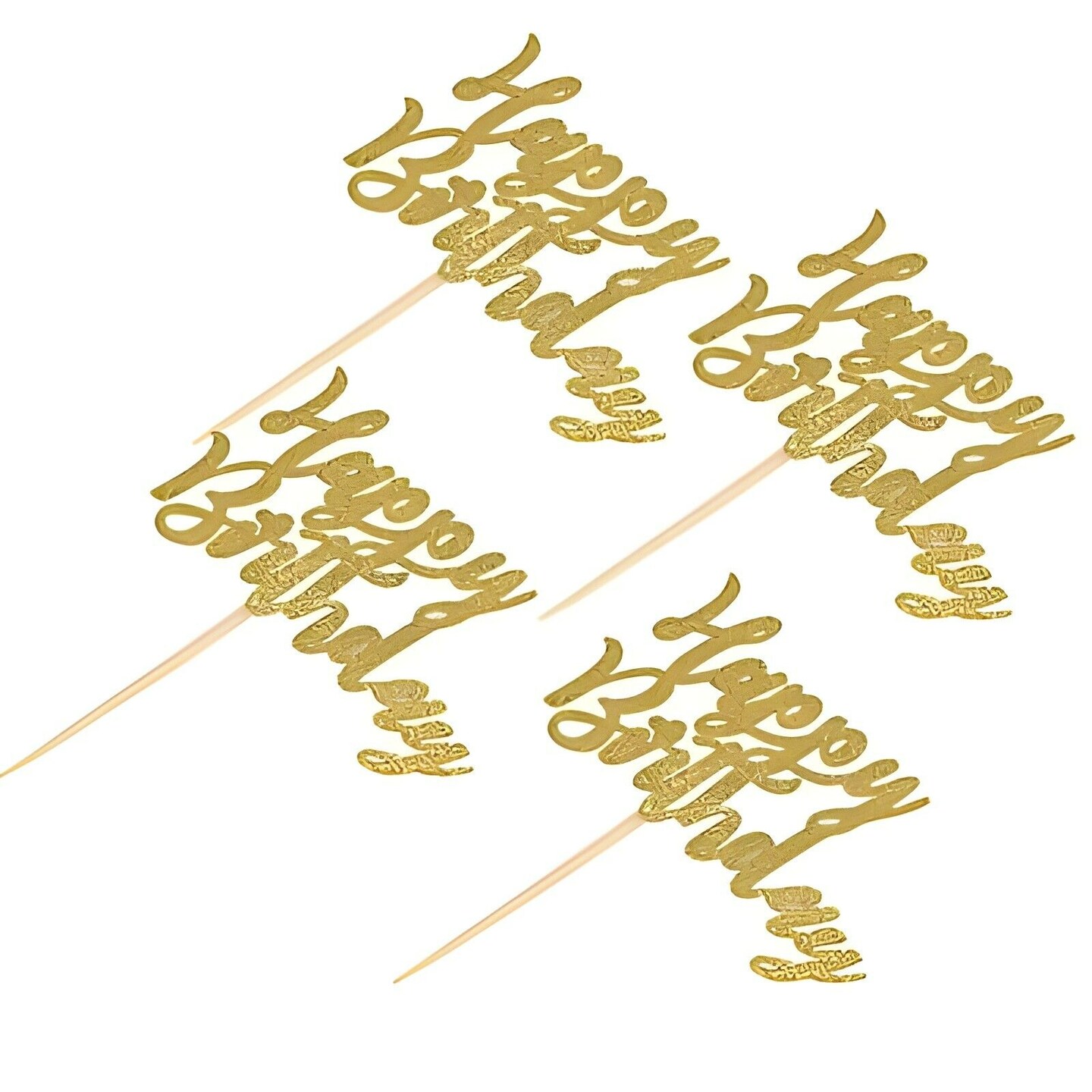 24 Gold Glittered Happy Birthday Cupcake Toppers Cake Decorations Party Supplies