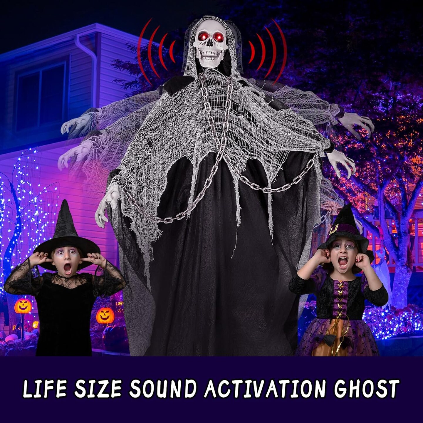 Halloween Outdoor Decorations,74&#x27;&#x27; Standing Skull Ghost with Moveable Arms Light Up Eyes Sound Activation Life Size Ghost for Haunted House Decorations Yard Garden Party Creepy Prop Decor