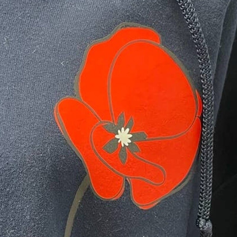 Hand Printed Upcycled Navy XL Red Poppy Flower Full Zip