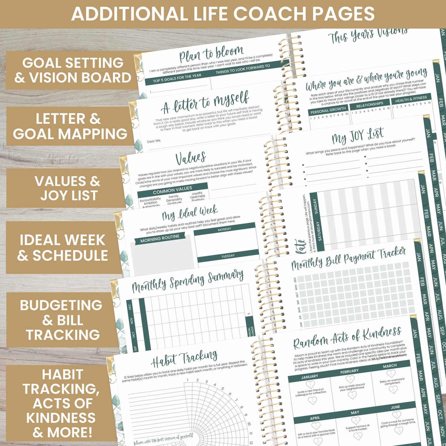 bloom daily planners 2025 Hard Cover Planner, 5.5&#x22; x 8.25&#x22;, Eucalyptus, White