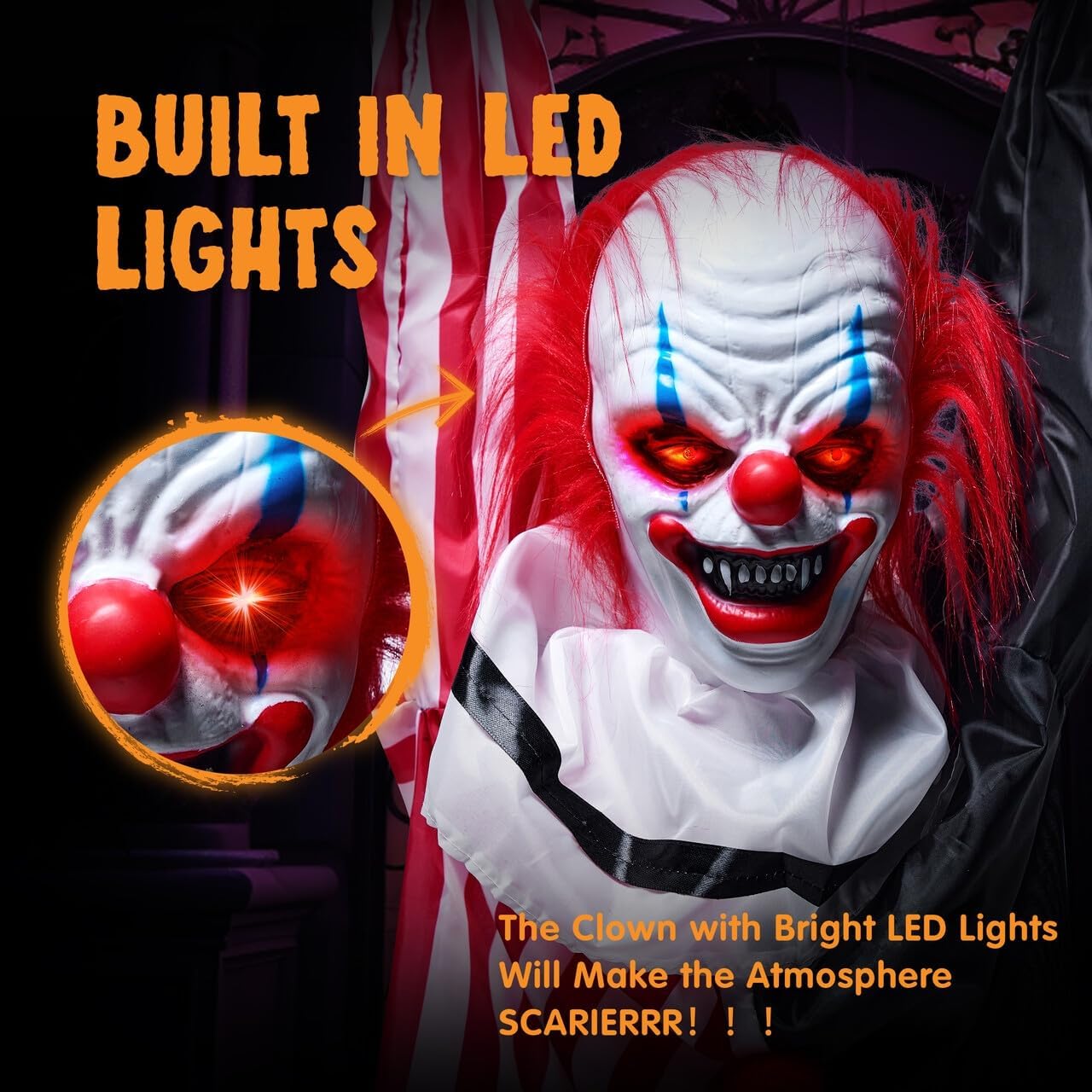 Halloween Hanging Scary Clown Decorations with Chain, 65" Sound Activated LED Lights Halloween Animatronics Yard Decorations Halloween Decorations Outdoor Indoor Haunted House Halloween Decor