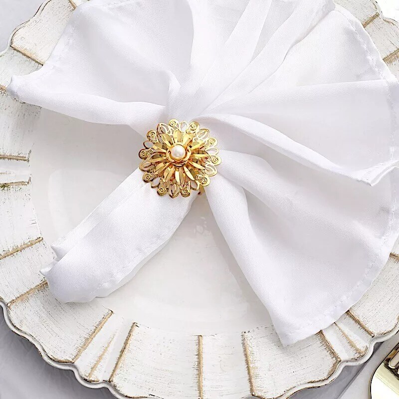 Gold 4 Metal 2&#x22; Pearl Daffodil Flower Design Napkin Rings Party Events Supplies