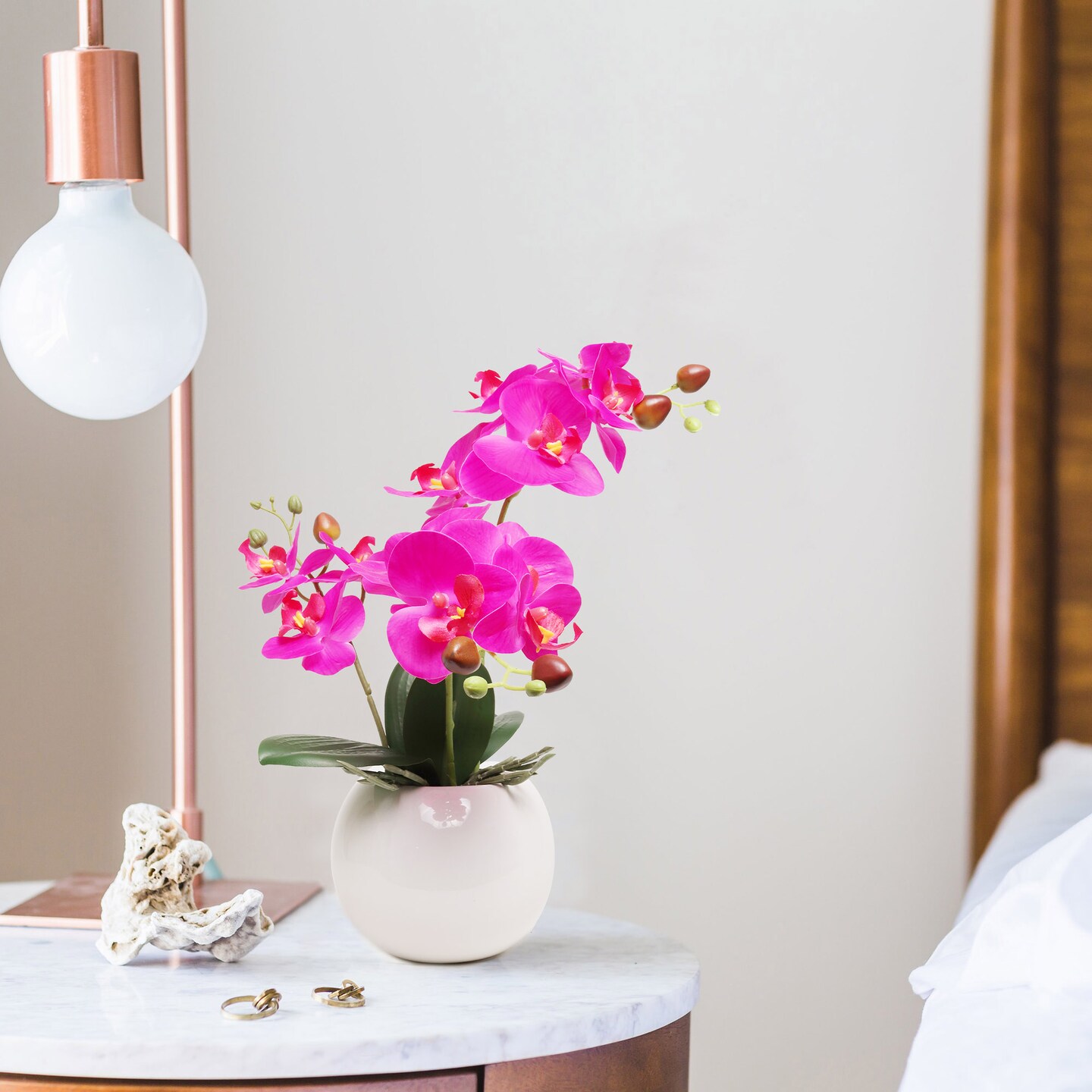 13-Inch Fuchsia Phalaenopsis Orchid Flowers in 5-Inch Round White Vase Lifelike Floral Décor for Home, Office, and Event Displays, Floral Home by Artificial Flowers