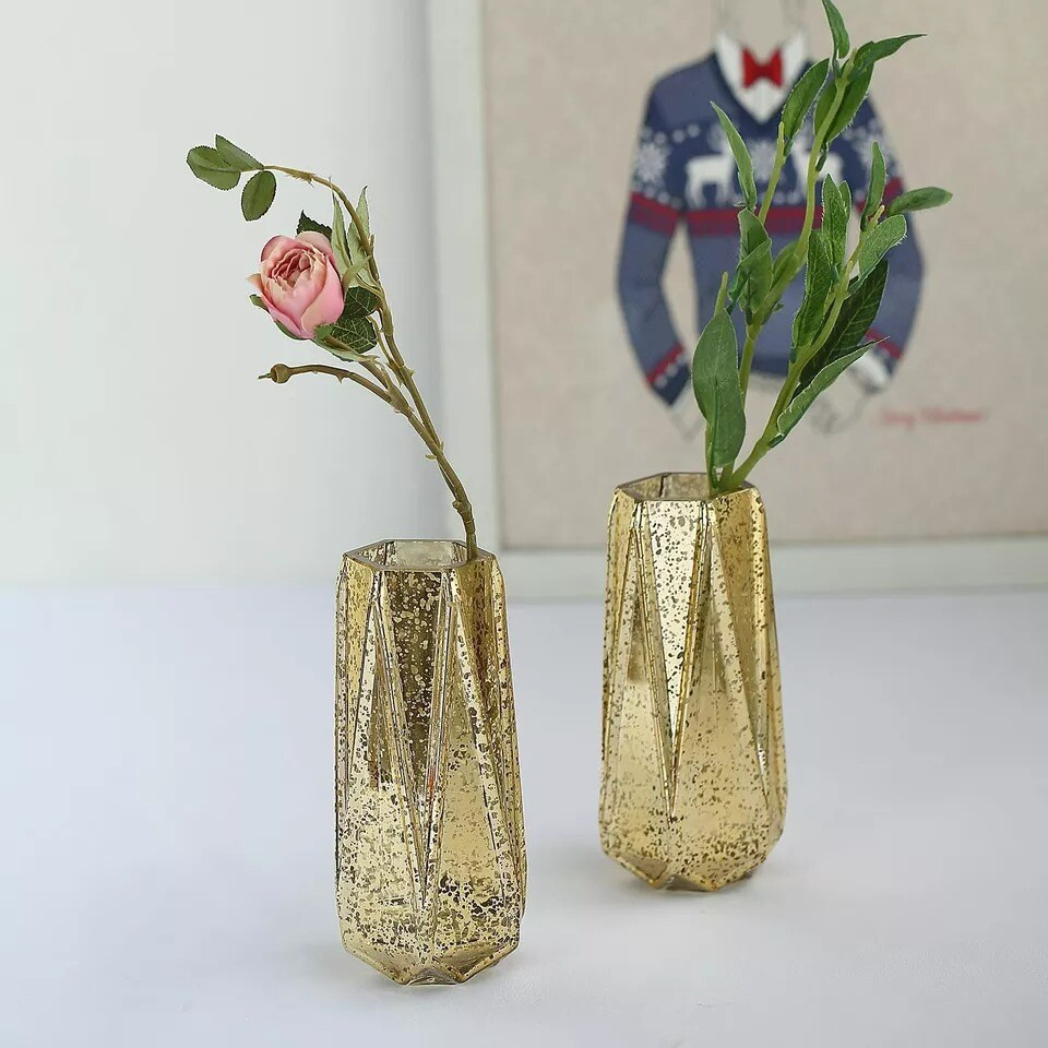 2 pcs 8" tall Gold Mercury Glass Geometric Vases Wedding Home Party Centerpieces