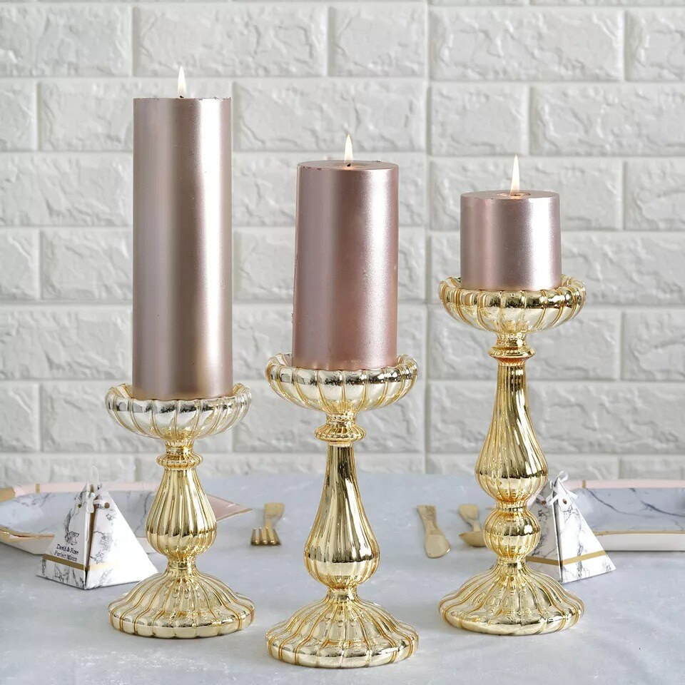 3 pcs Gold Mercury Glass Pillar Candle Holders Wedding Party Events Centerpieces