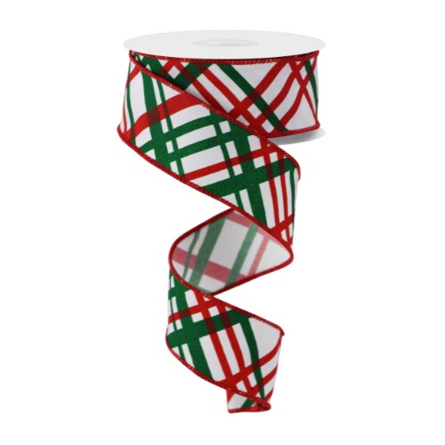1.5&#x22;x10yd Christmas Windowpane Plaid Wired Ribbon &#x2013; Green, Red, White | TCT Crafts Holiday Decor-RGE1652K2
