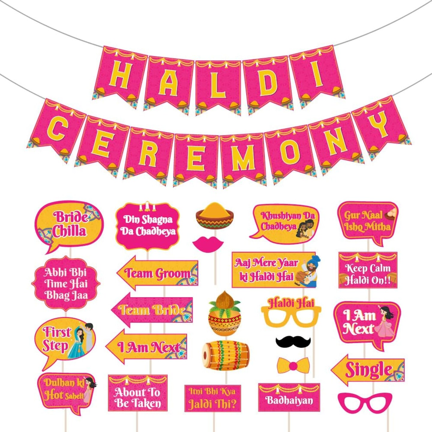 25 Pcs Haldi Photo Booth Party Props &#x26; 1 Pcs Haldi Ceremony Banner Wedding Photoshoot Haldi Decoration Marriage Props for Bride and Family