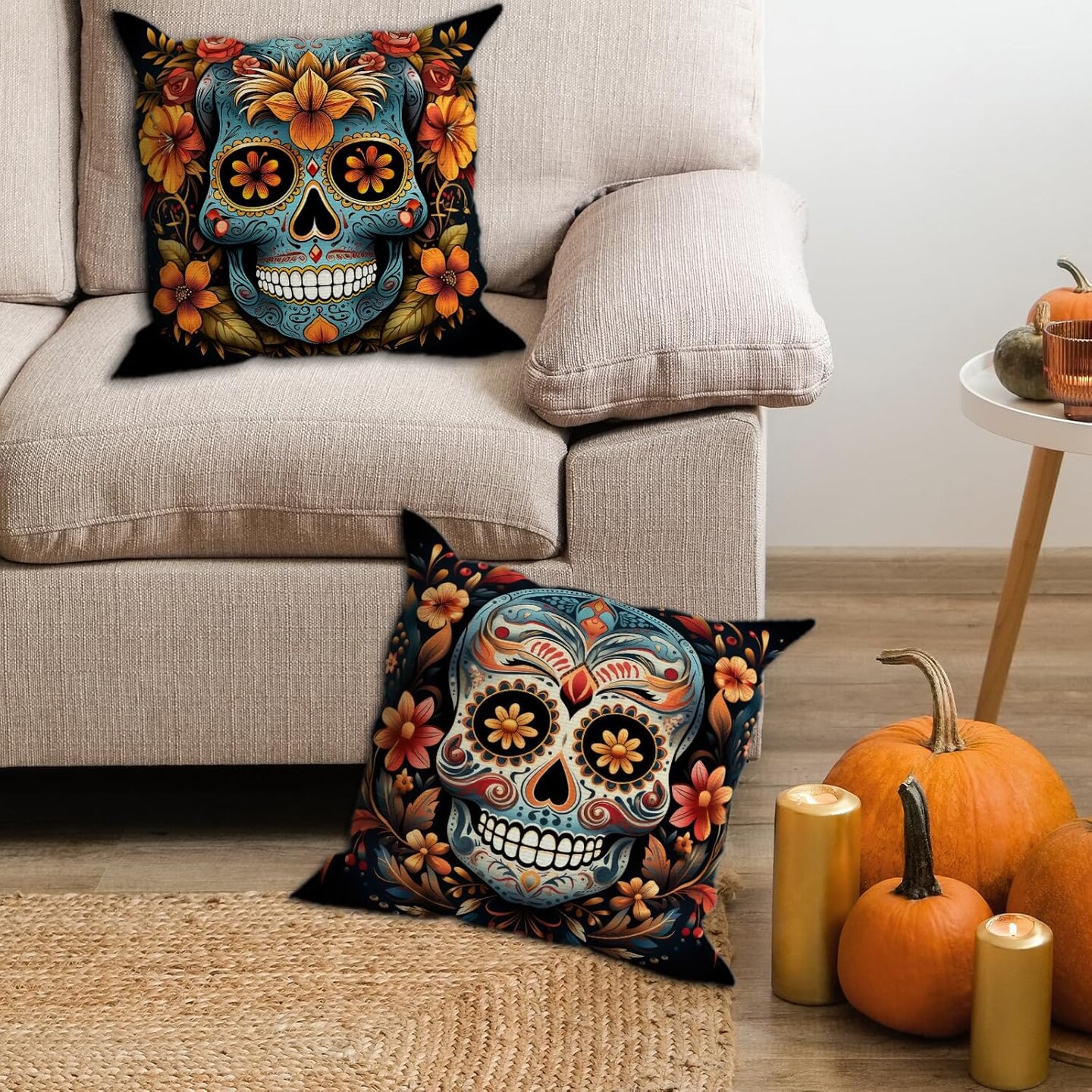 18x18 Set of 4 Sugar Skull Marigold Dia De Los Muertos Mexican Fiesta Party Decorations and Supplies for Home Sofa Couch